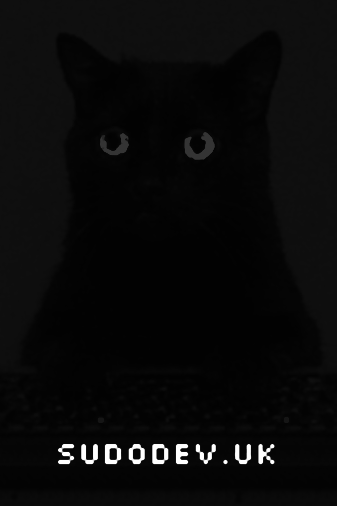 Black cat at a keyboard with ‘sudodev.uk’